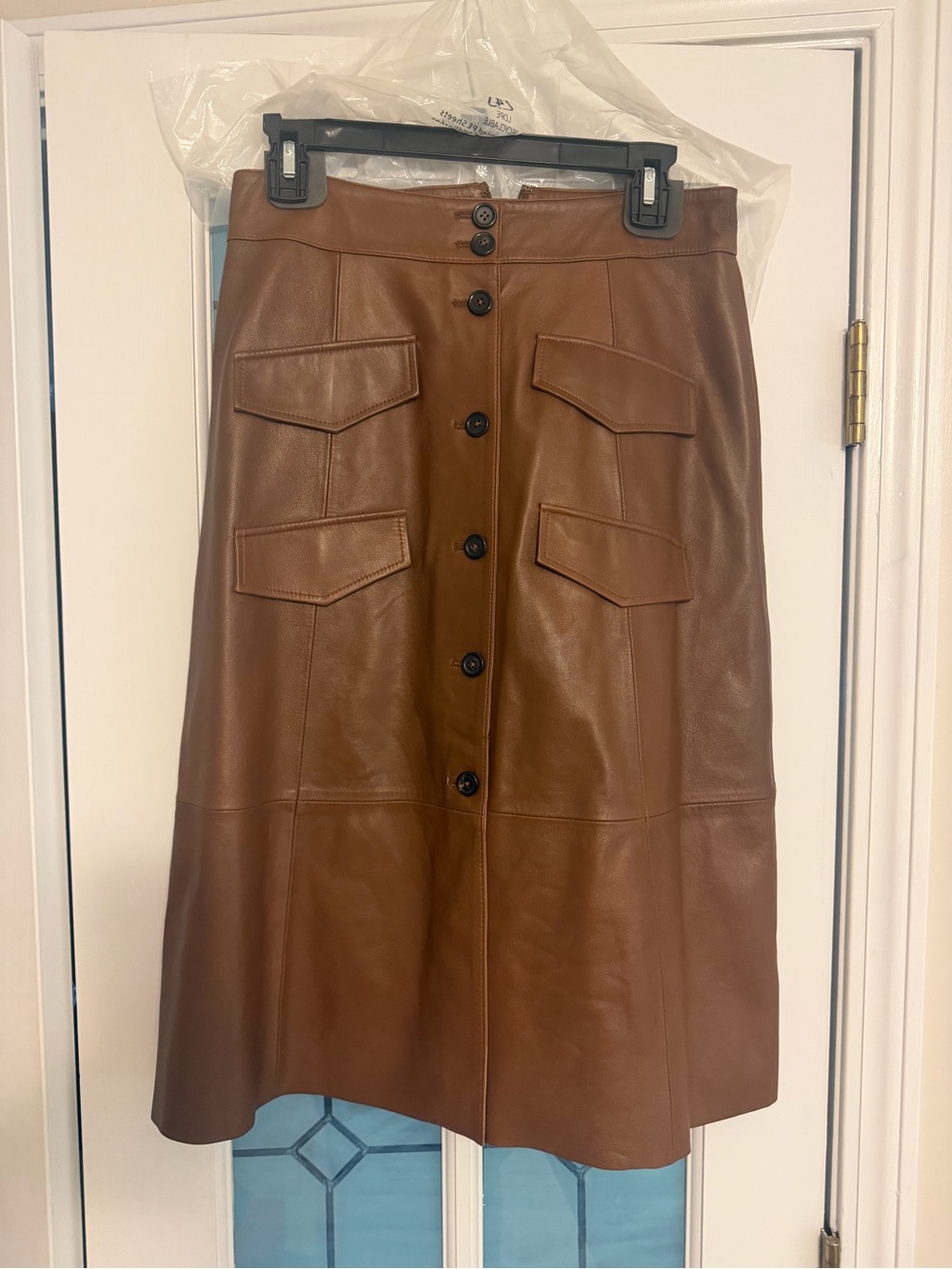 Brown genuine Leather Button-Front Midi Skirt…NWOT..